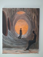 Obraz surrealistyczny postać tunel światło ręcznie malowany nowoczesny