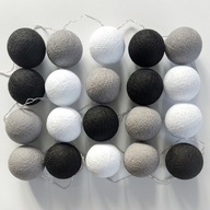Cotton Balls Czarno - Białe Girlanda Lampki Kule 20 LED Na Baterie