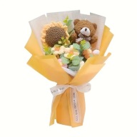 Ręcznie robiony bukiet kwiatów ze słonecznikiem i misiem