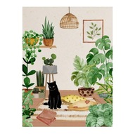 „Zielony Azyl” – Ilustrowany Plakat z Kotem i Roślinami