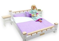 Duże drewniane łóżko dla 2 lalek z szafkami nocnymi i Lawendową pościelą