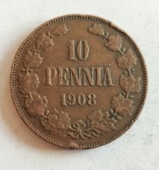 moneta Finlandia pod okupacją 10 pennia 1908 car Mikołaj II (2)