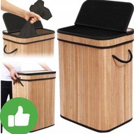 KOSZ NA PRANIE BAMBUSOWY CZARNY 80L DUŻY SKŁADANY POJEMNIK Z POKRYWĄ