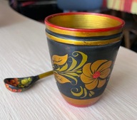 CHOCHŁOMA RĘCZNIE MALOWANY DREWNIANY ZESTAW - KUBEK I ŁYŻKA - ZSRR