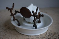 KAŁAMARZ NA BIEGUNACH ŚLIMAK ANTYK XIXw. J.L.Bascule PORCELANA BRĄZ FRANCJA