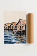 Plakat bez ramy 30x40 cm Drewniane Domy Rybackie nad Morzem pejzaż morski