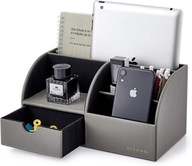 SOLIDNY ORGANIZER NA BIURKO SKÓRZANY PRZYBORNIK Z SZUFLADĄ SZARY