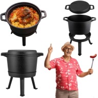 KOCIOŁEK ŻELIWNY NA OGNISKO GRILL MYŚLIWSKI STOJĄCY STOJAK TRÓJNÓG 8L