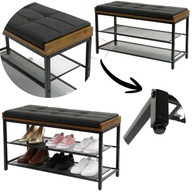 ŁAWKA SZAFKA NA BUTY Z SIEDZISKIEM TAPICEROWANA PÓŁKA CZARNA METALOWA LOFT