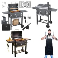 GRILL WĘGLOWY OGRODOWY ŻELIWNY RUSZT KOMIN Z POKRYWĄ POPIELNIK + TERMOMETR