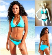 Bikini 34B XS 75B push up paski miętowe turkusowe strój kąpielowy kostium