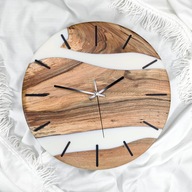 Zegar ścienny z naturalnego drewna orzecha i białej żywicy, 52 cm
