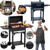 GRILL WĘGLOWY DUŻY 43 X 30 CM STALOWY RUSZT Z POKRYWĄ, PÓŁKAMI I KÓŁKAMI