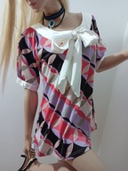 Vila bluzka geometryczny wzór luźna satynowa kokardka L