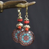 Kolczyki damskie wiszące Premium Handmade złoto pomarańczowy Mandala boho