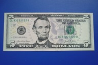 5 Dolar 2021 USA seria: QL 83222222 B stan 1 menniczy UNC z paczki BLASZKA!