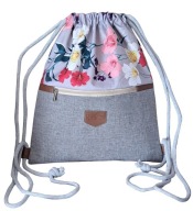 Worek plecak lniany w kwiaty , 2kieszenie na zamek HABILE design bag