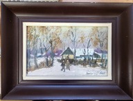 OBRAZ Jan Hladký ZIMA NA WSI pejzaż OLEJ NA DYKCIE 28/21,5 CM