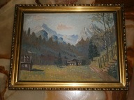 SYGNOWANY OBRAZ OLEJ NA DYKCIE W DREWNIANEJ RAMIE