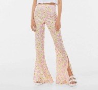 Bershka różowe spodnie dzwony S 36 floral wide-leg – trend