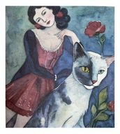 Obraz Akwarela Dama z Kotem i Różą