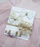 Zestaw opaski kokardki oraz opaska z różyczkami chrzest urodziny sesja