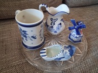 Komplet porcelanowy holenderski: wiatrak, but (chodak), kufel i dzbanek