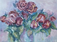 Róże bukiet ,kwiaty pod lasem Akwarela Sabina Salamon 39x29