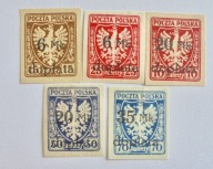 Polska pięć czystych znaczków z nadrukiem DOPŁATA stan dobry