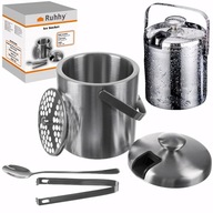 ZESTAW DO LODU SREBRNE WIADERKO 1,3L TERMOS + SZCZYPCE ŁYŻKA POKRYWKA SITKO