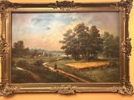 Obraz olejny na płótnie – pejzaż wiejski z kościołem i jeziorem