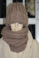 KOMPLET CZAPKA wywijana golf RĘKODZIEŁO MOHER kawa z mlekiem