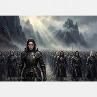 Armia kobiet obraz na płótnie 58x85 wojna zbroja góry mgła ciemno czarny