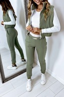 Oliwkowy komplet 3 częściowy bluzka + spodnie + kamizelka rozm. XS/S