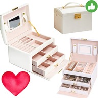 SZKATUŁKA KUFEREK NA BIŻUTERIĘ POJEMNY ELEGANCKI LUSTERKO ECRU ZAMEK