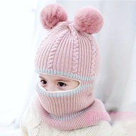 Czapka Kominiarka Różowo Szara Dziewczynka Pompony 1-3 lata Miękkie Wnętrze