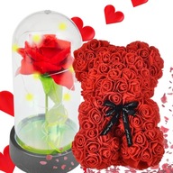 ZESTAW PREZENTOWY: WIECZNA RÓŻA W SZKLE + RÓŻANY MIŚ