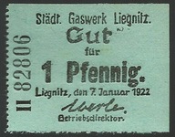 Banknot zastepczy miata - LIEGNITZ - Legnica - 1 Pfennig - 1922