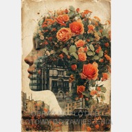 Kobieta abstrakcja z kwiatami na głowie retro vintage obraz płótno 58x85