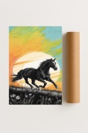 Plakat bez ramy 50x70cm Czarno-biała sylwetka galopującego konia Koń Retro