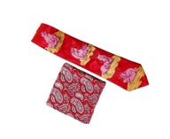 KRAWAT w ŚWINKI i POSZETKA PAISLEY, CZERWONE, NATURALNY JEDWAB MORWOWY