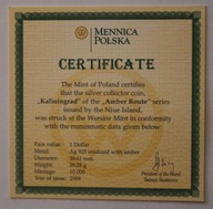 CERTYFIKAT "Kaliningrad" 1 $ Niue 2008 - 1 z serii "Szlak Bursztynowy"