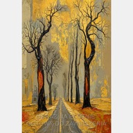 Droga drzewa abstrakcja złoty obraz olejny na płótnie 55x80 żółty pole art