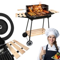 GRILL WĘGLOWY Z ROŻNEM OGRODOWY DUŻY PRZENOŚNY 2 RUSZTY DREWNIANE PÓŁKI