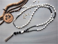 SURF morski Naszyjnik czarny agat i lawa chwost szare szkło białe muszle