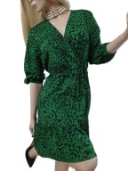 NEW LOOK ZIELONA SUKIENKA W CZARNE CĘTKI KOPERTOWY DEKOLT Z FALBANĄ XL