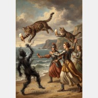 Armia kobiet i kotów atukuje wroga mieczem i lodami obraz na płótnie 55x80