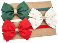 Opaski na głowę na święta z kokardkami czerwona zielona i ecru w gwiazdki