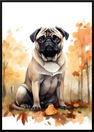 A2 59,4x42 PLAKAT OBRAZ PIES MOPS JESIEŃ AKWARELA, DO SALONU, NA PREZENT...