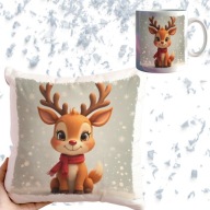 ZESTAW PODUSZKA + KUBEK RENIFER ŚWIĄTECZNY PREZENT DLA DZIECI NA MIKOŁAJKI